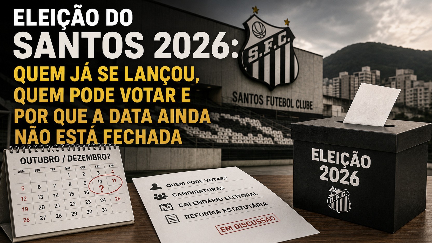 Composição editorial com urna de votação, calendário em dúvida entre outubro e dezembro e fachada do Santos Futebol Clube ao fundo.