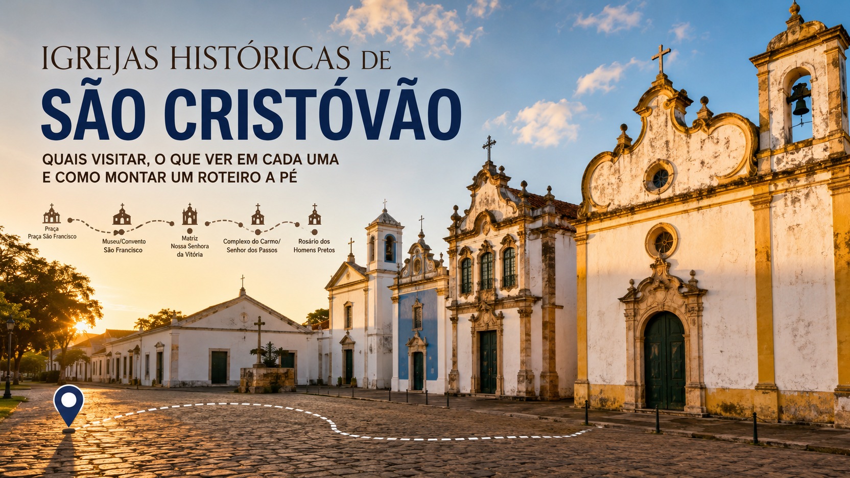 Ilustração editorial horizontal do Centro Histórico de São Cristóvão ao pôr do sol, com fachadas de igrejas coloniais e indicação gráfica de um roteiro a pé.