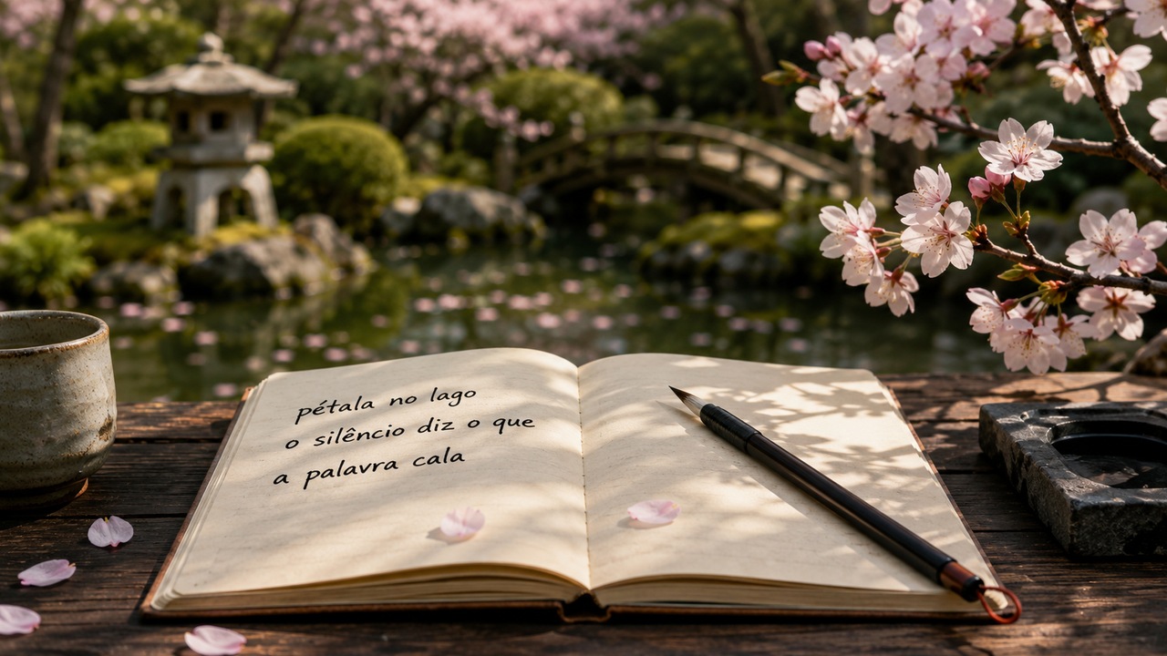 Caderno aberto com um haicai em português sobre mesa de madeira, ao lado de pincel de caligrafia, pétalas de cerejeira e jardim japonês ao fundo.