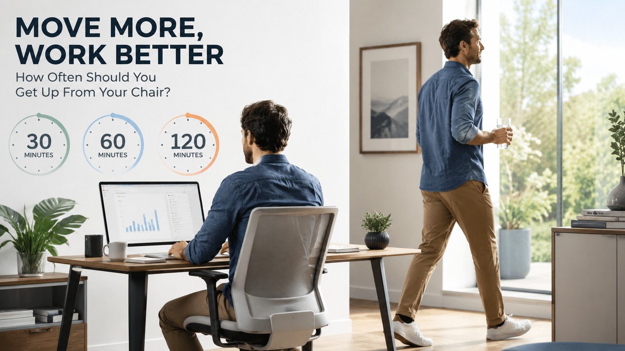 Homem em home office aparece sentado ao computador e caminhando com um copo de água, ao lado de indicadores de 30, 60 e 120 minutos e chamada em inglês sobre se mover mais.