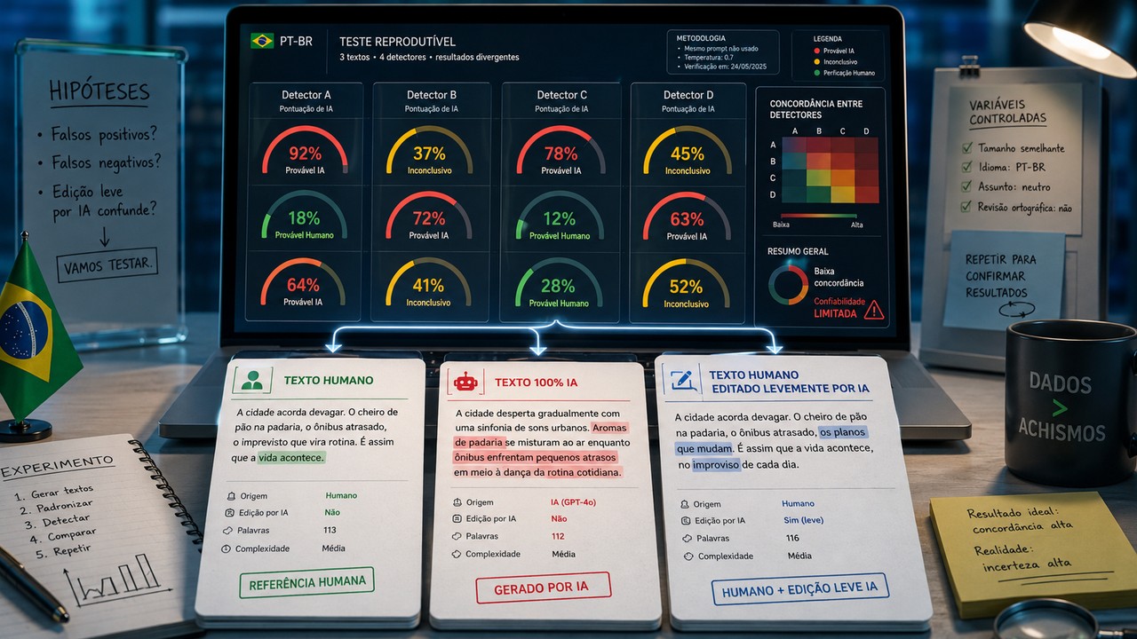 Mesa de teste com notebook exibindo pontuações divergentes de quatro detectores de IA para textos em PT-BR: humano, gerado por IA e humano editado por IA.