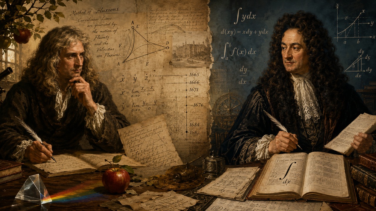 Ilustração histórica de Isaac Newton e Gottfried Leibniz frente a frente, cercados por manuscritos, diagramas, fluxões, diferenciais e símbolos de integral.