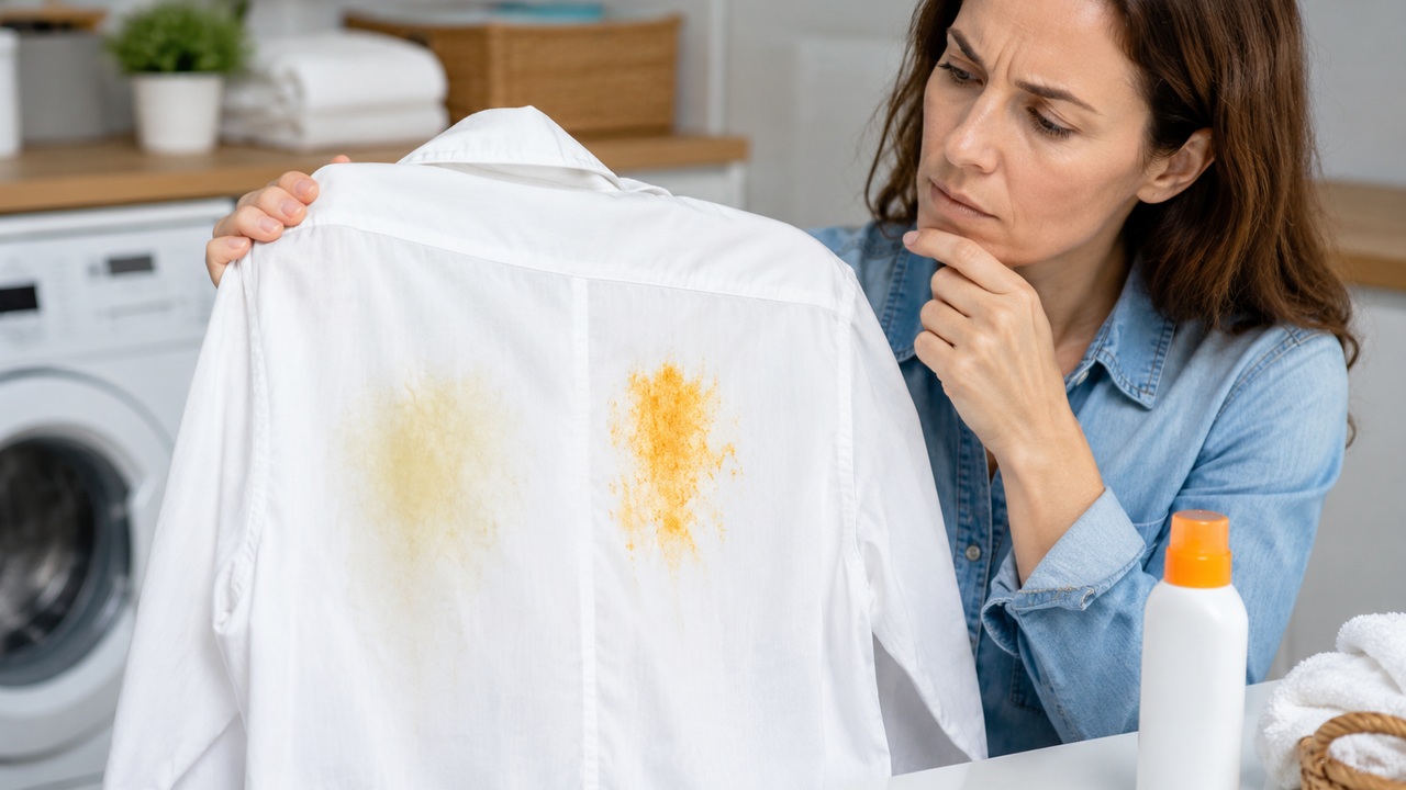 Mulher examina uma camisa branca com uma mancha amarela difusa e outra alaranjada em uma lavanderia, com frasco de protetor solar ao lado