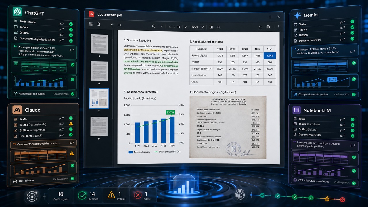 Painel comparativo em fundo escuro com um PDF central exibindo texto, tabela, gráfico e página digitalizada, cercado por quadros de ChatGPT, Claude, Gemini e NotebookLM com indicadores de acerto e OCR.