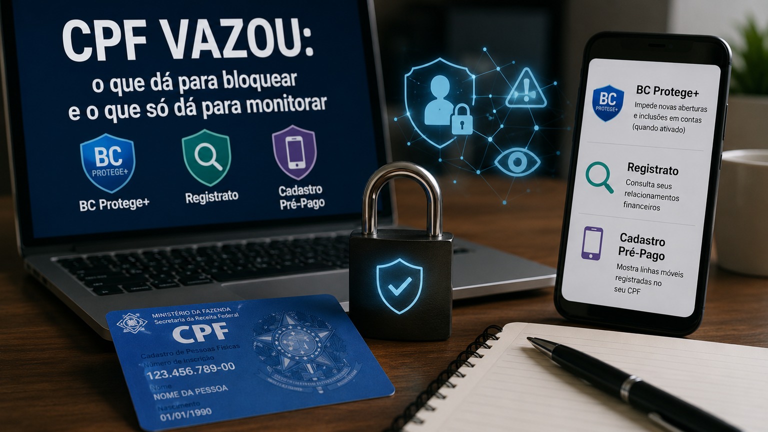 Notebook e celular em uma mesa ao lado de cadeado e cartão ilustrativo de CPF, com referências ao BC Protege+, Registrato e Cadastro Pré-Pago.