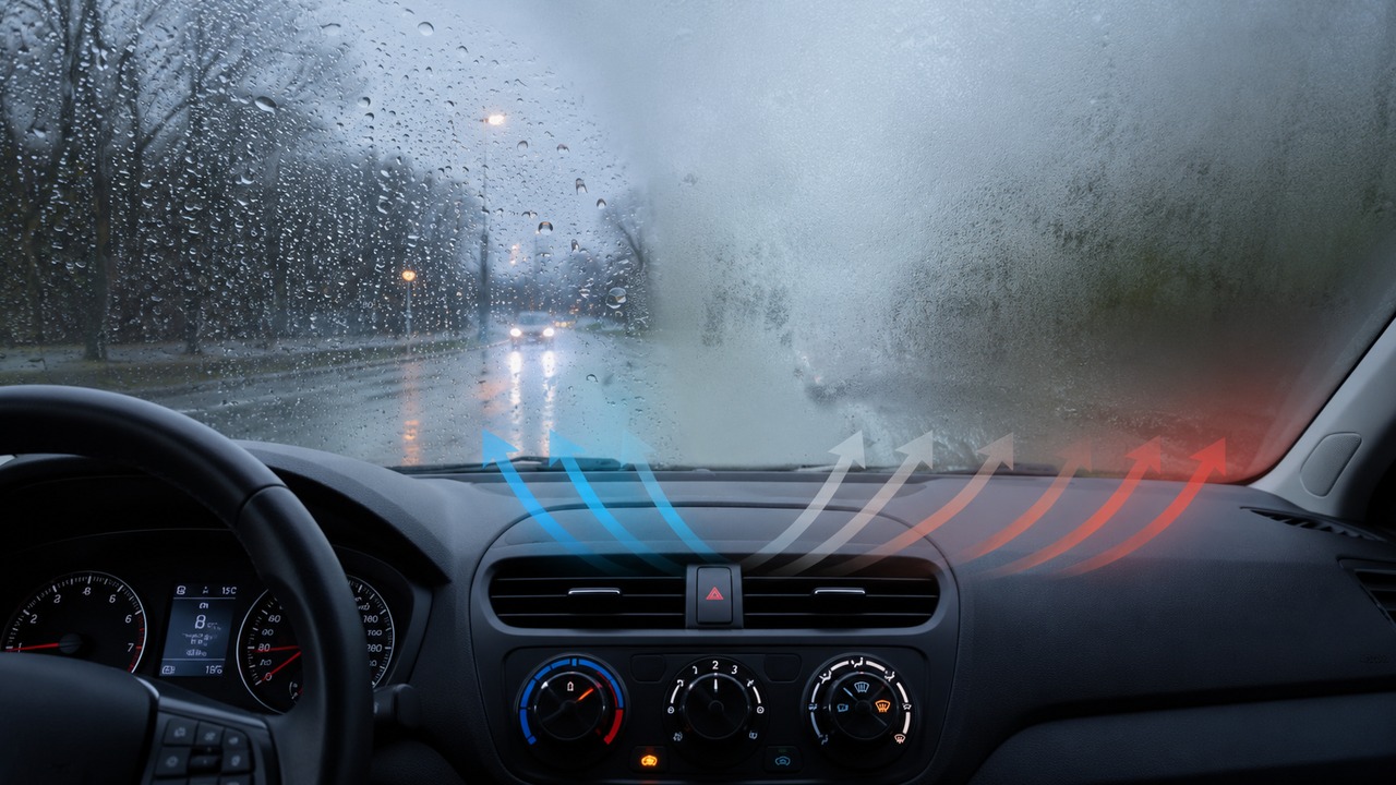 Interior de carro em dia chuvoso, com para-brisa coberto por gotas e embaçamento, painel de climatização e setas coloridas indicando fluxos de ar frio e quente.