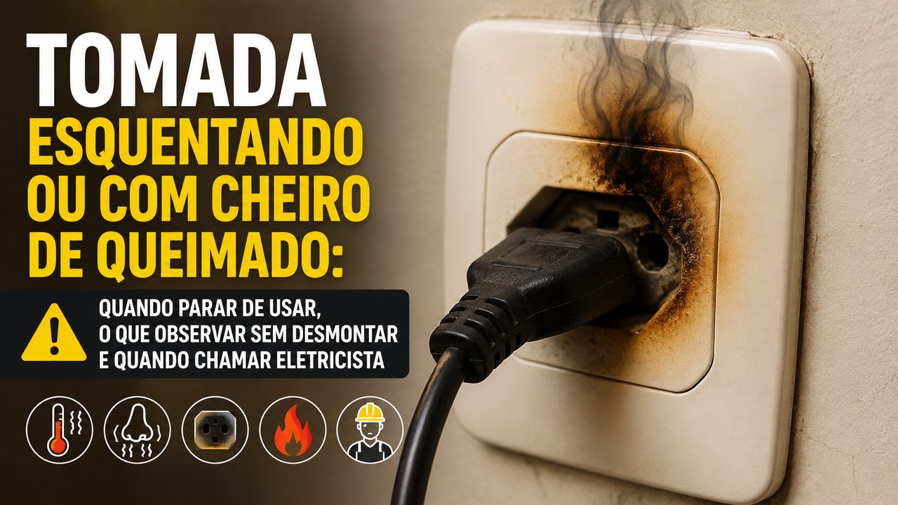 Tomada de parede com plugue preto, marcas de queimado e fumaça, ao lado de aviso visual sobre aquecimento e risco elétrico.