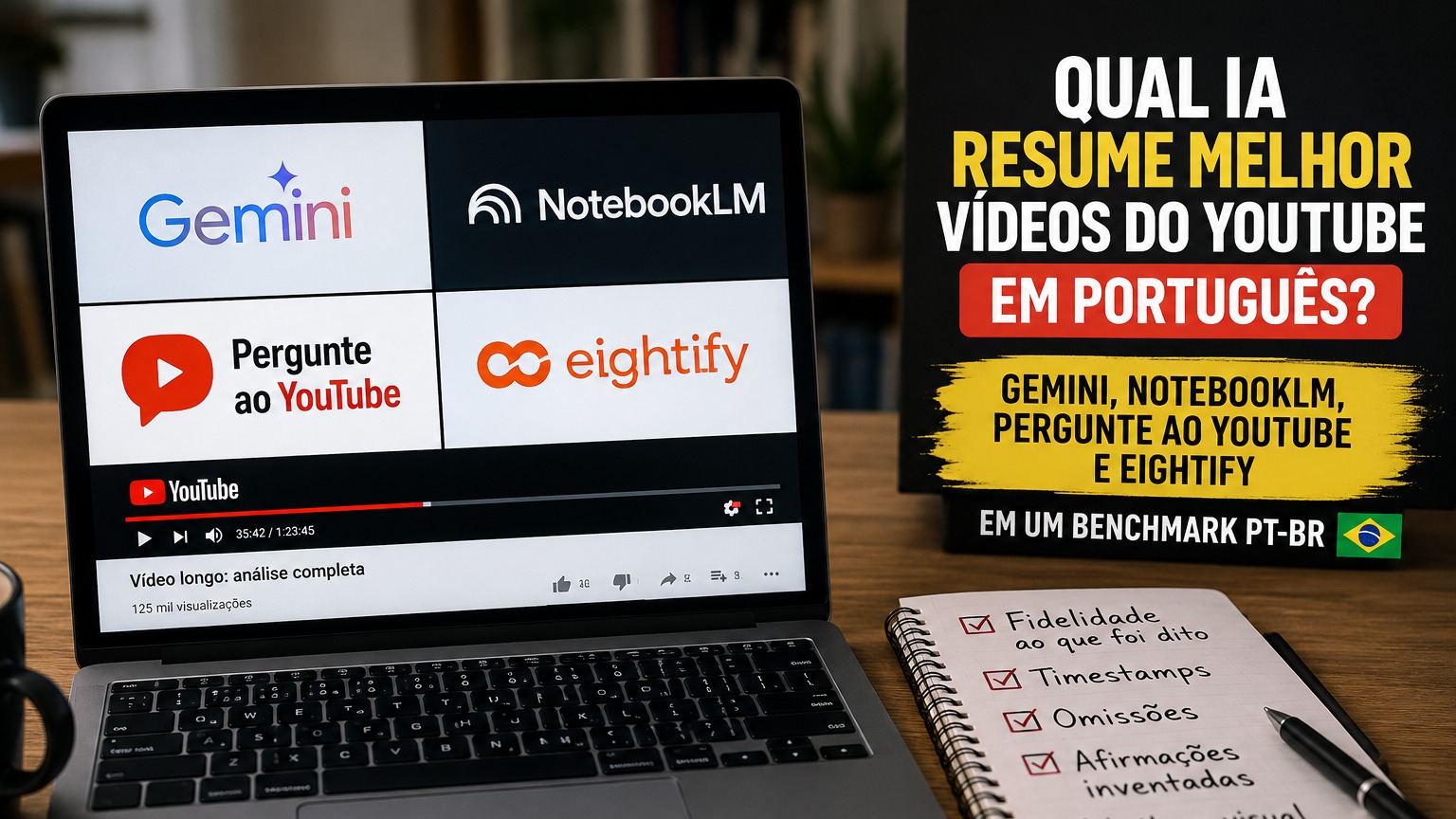 Notebook em uma mesa mostra Gemini, NotebookLM, Pergunte ao YouTube e Eightify, ao lado de um cartaz sobre benchmark PT-BR e um caderno com critérios de avaliação.