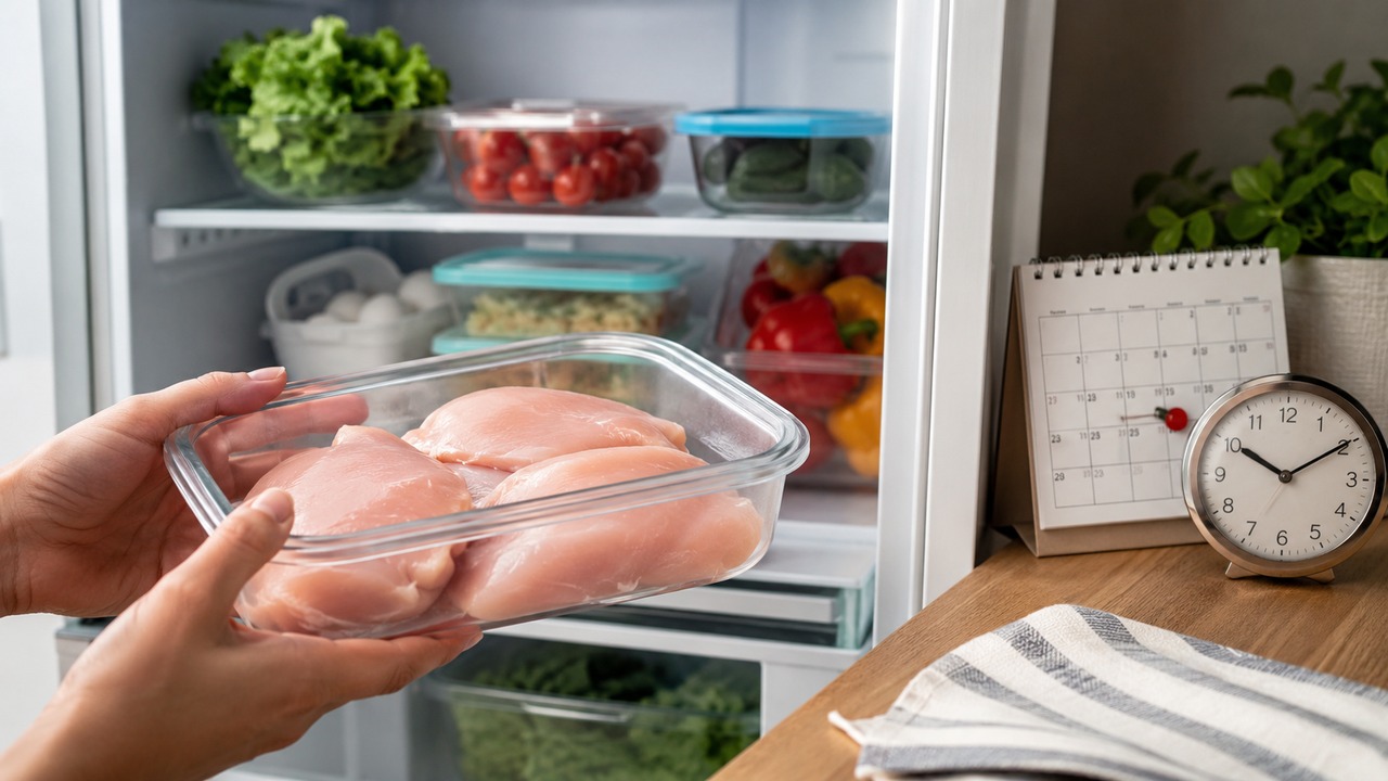 Mãos seguram um recipiente com peitos de frango cru diante de uma geladeira aberta, com calendário e relógio sobre a bancada.