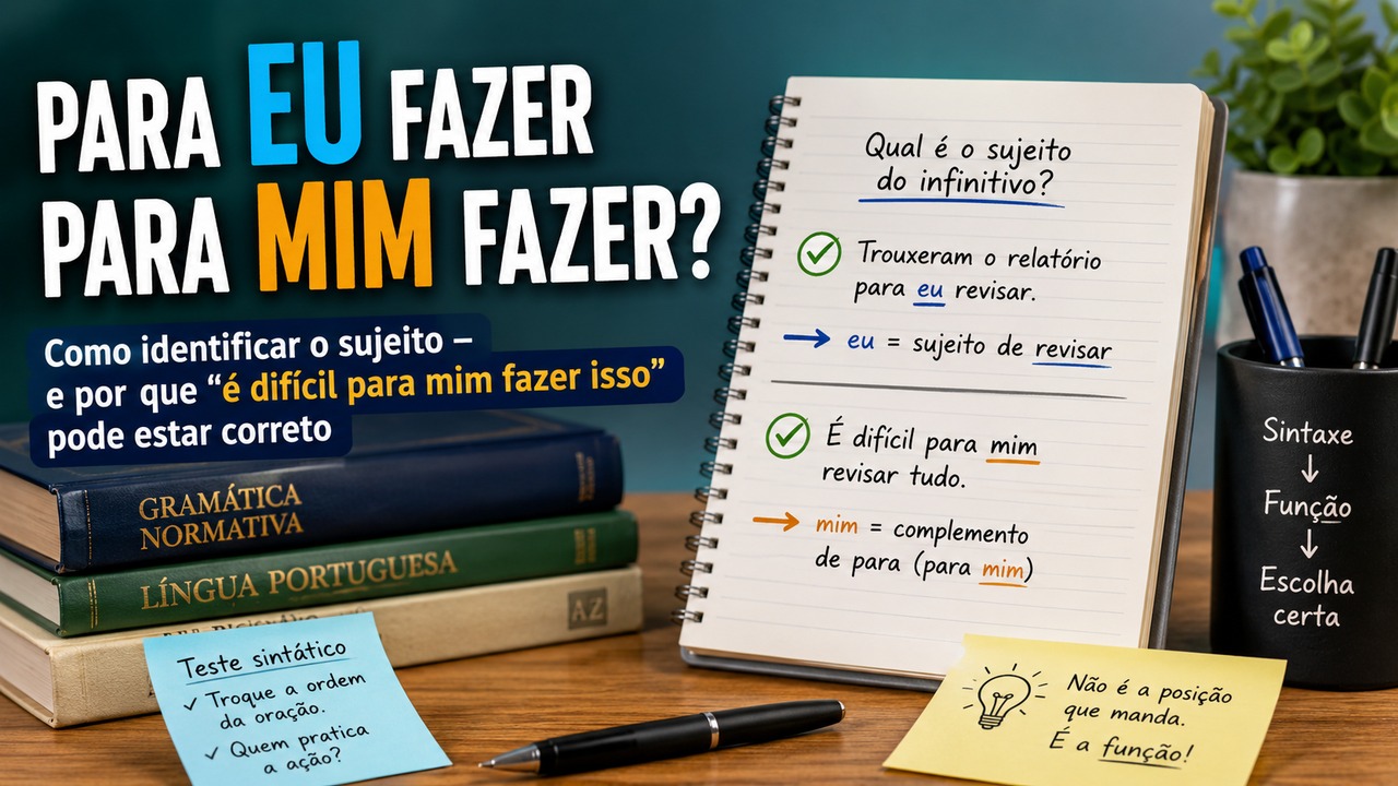 Capa educativa com as expressões “para eu fazer” e “para mim fazer?”, caderno com exemplos sintáticos e livros de gramática sobre uma mesa.