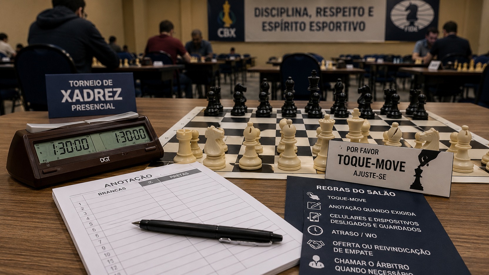 Salão de torneio de xadrez com tabuleiro, relógio digital, planilha de anotação e orientações de regras sobre a mesa