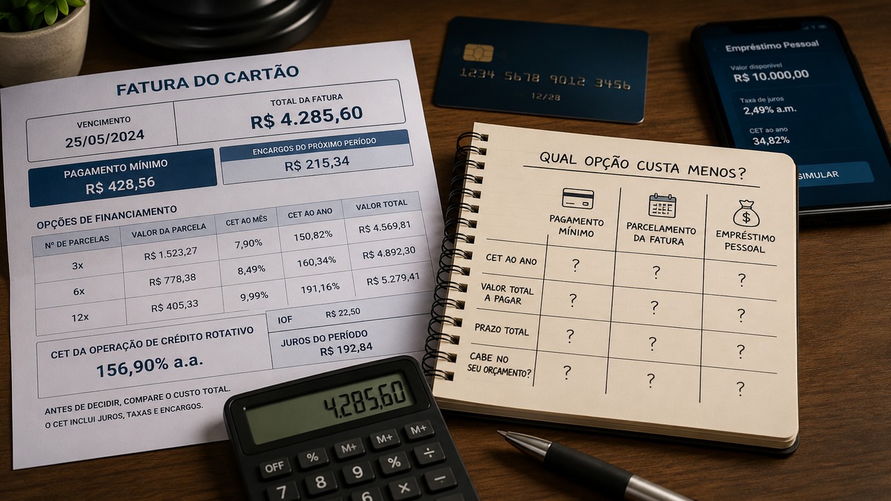 Mesa com fatura de cartão, calculadora, caderno comparando pagamento mínimo, parcelamento e empréstimo e celular com simulação de crédito.