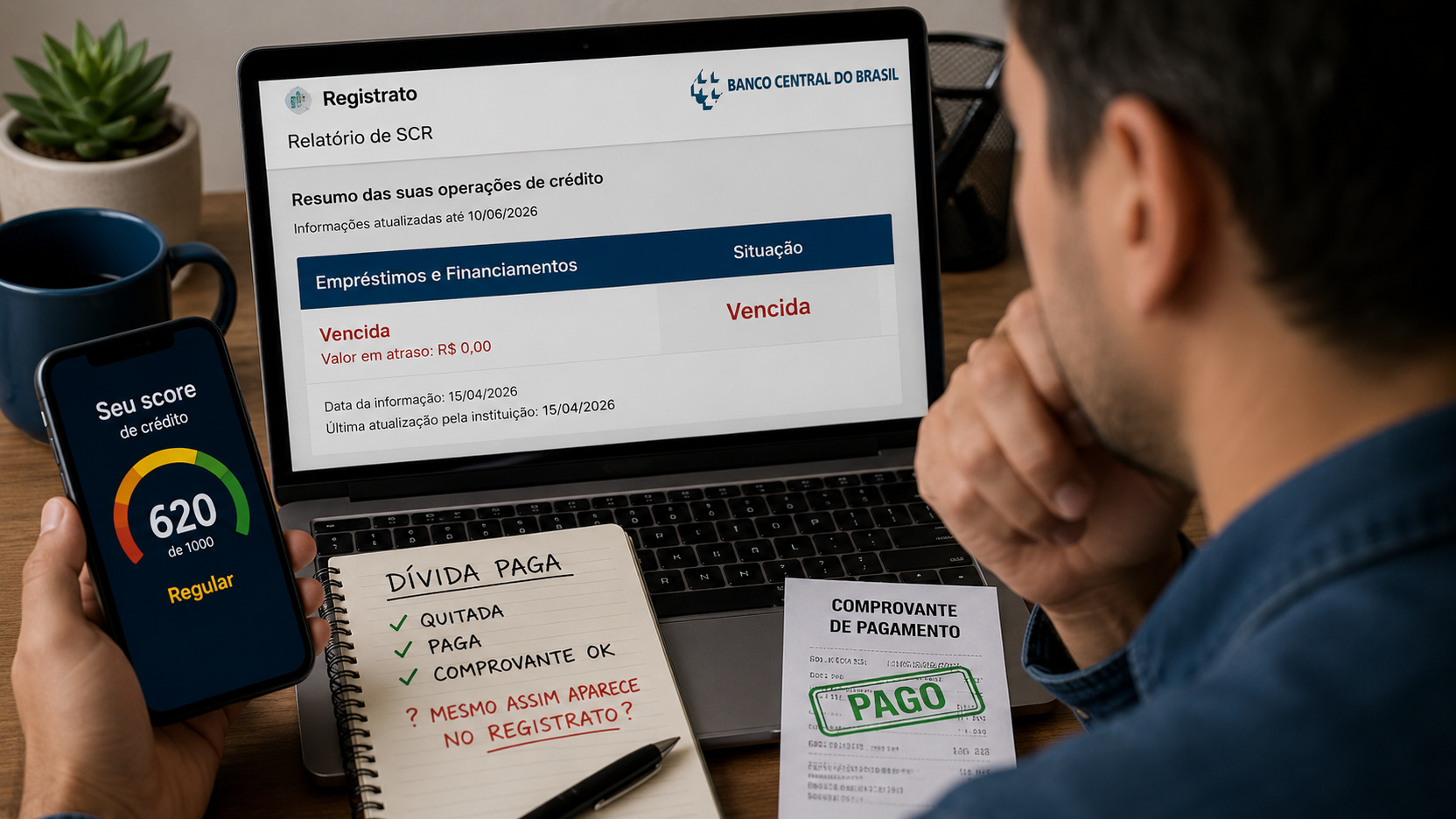 Pessoa consulta em notebook uma tela ilustrativa do Registrato/SCR com situação vencida, ao lado de comprovante de pagamento, anotação de dívida paga e celular com indicador de crédito.