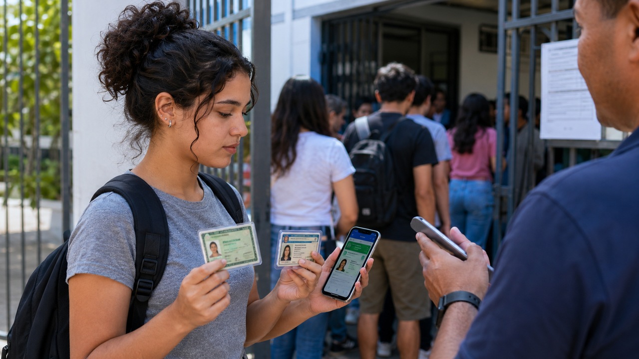 Estudante diante do portão de um local de prova segura documentos de identificação físicos e um celular enquanto um fiscal confere a entrada.
