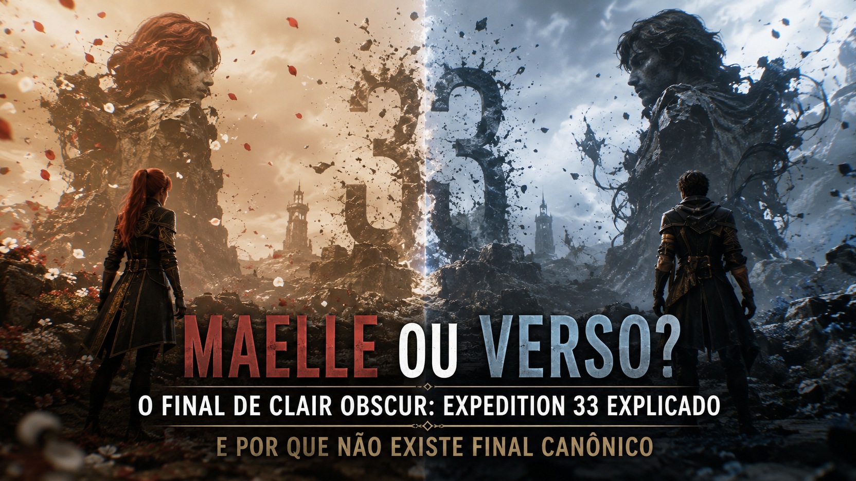 Capa editorial dividida entre tons dourados e azulados, com duas figuras opostas diante do número 33 fragmentado e a pergunta Maelle ou Verso em destaque.
