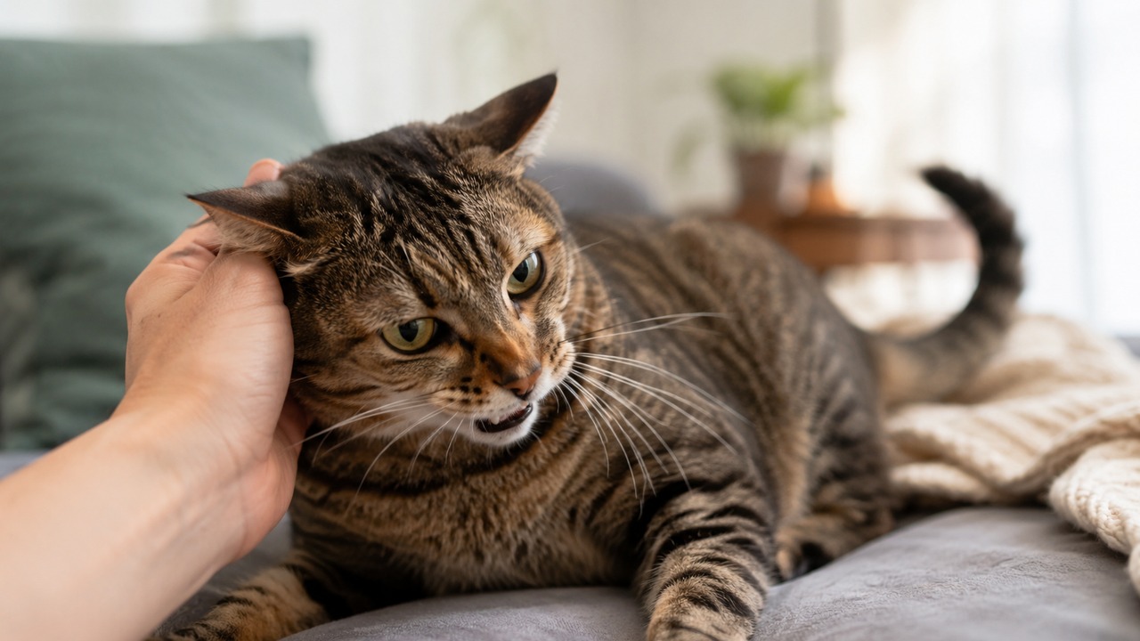 Gato tigrado deitado em um sofá recebe carinho atrás da orelha enquanto mostra orelhas voltadas para trás e expressão tensa.