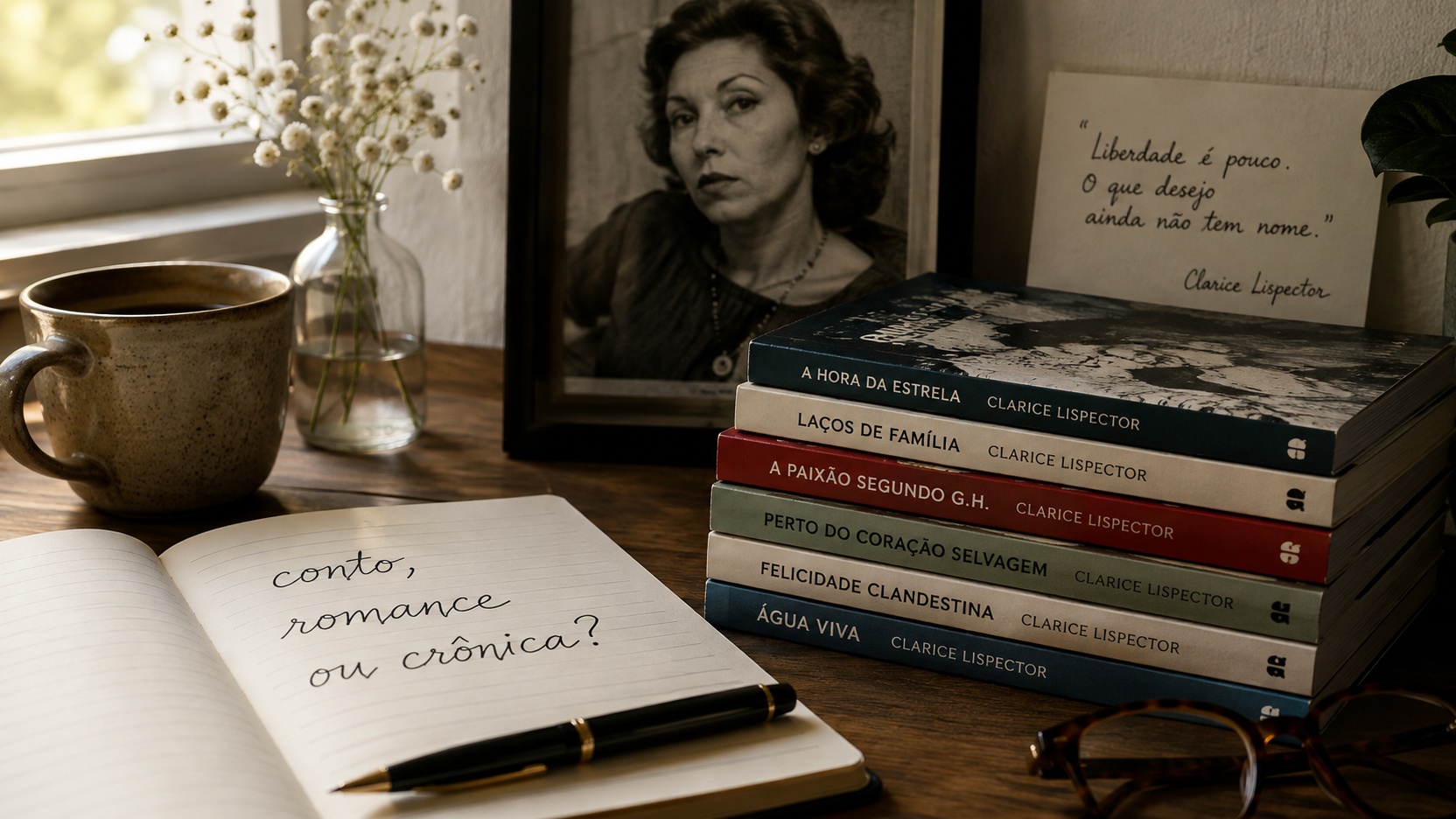Mesa de leitura com caderno aberto escrito “conto, romance ou crônica?”, pilha de livros, xícara, óculos e retrato em preto e branco de uma mulher.