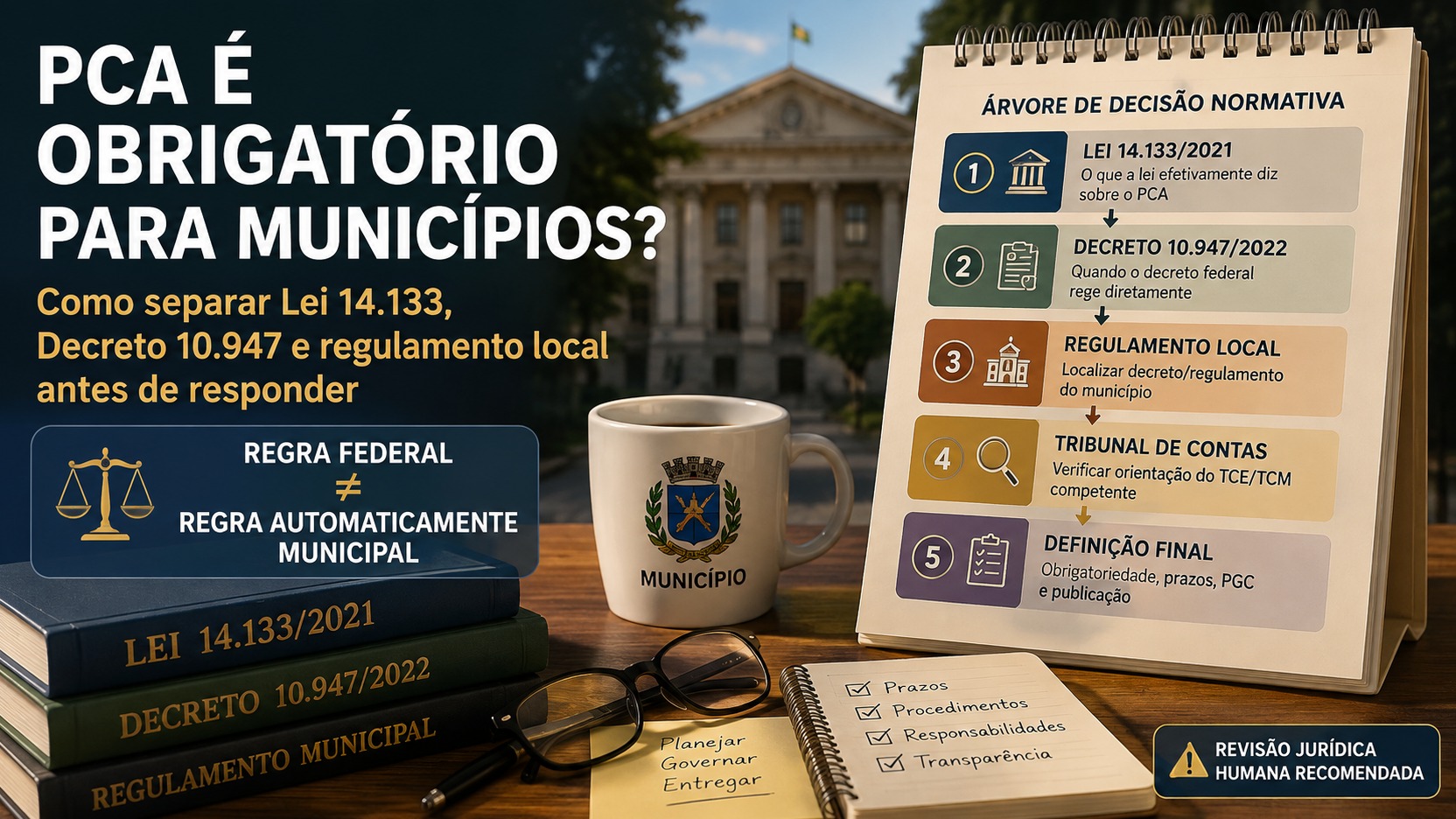 Mesa de trabalho diante de prédio público municipal, com livros da Lei 14.133, do Decreto 10.947 e de regulamento municipal, caneca com a palavra Município e bloco com árvore de decisão normativa sobre PCA.